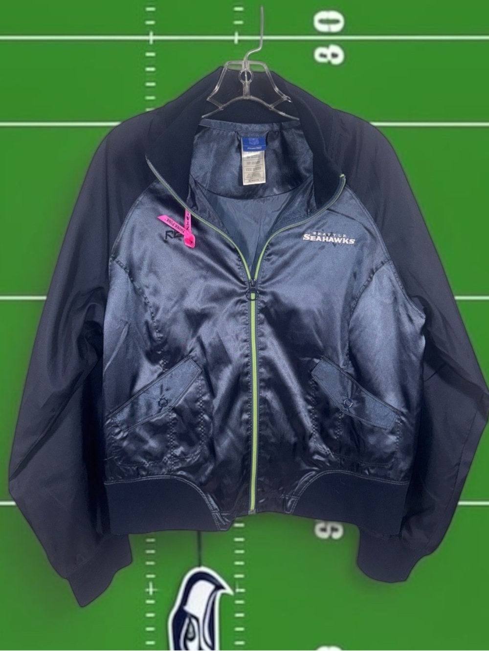 Vintage Reebok Seattle Seahawks Navy and Black Satin Bomber Jacket